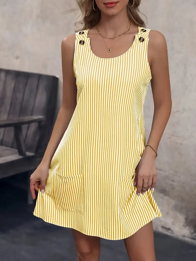 Women'S Sleeveless Striped Print Tunic Dress with Pockets, 100% Polyester, Crew Neck, Summer Wear, Woven Fabric, 110g/m² - All Seasons