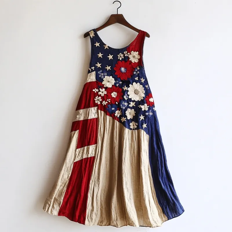 Vintage Flag Inspired Flowers Embroidered Linen Tank Dress