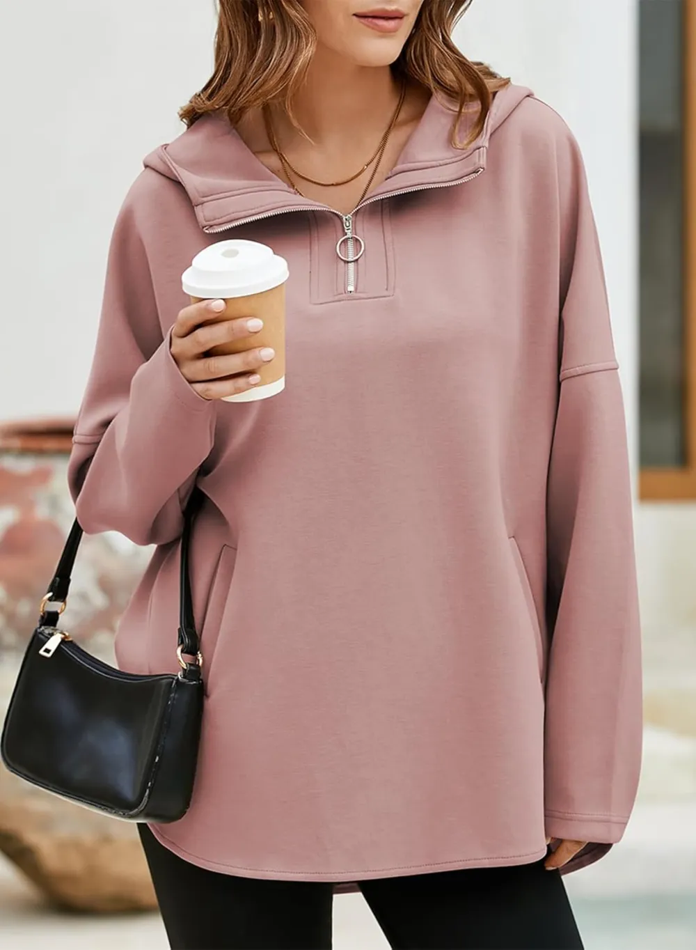 Women's Oversized Hoodies Casual Long Sleeve Half Zipper Pocket Sweatshirt Pullover Tops