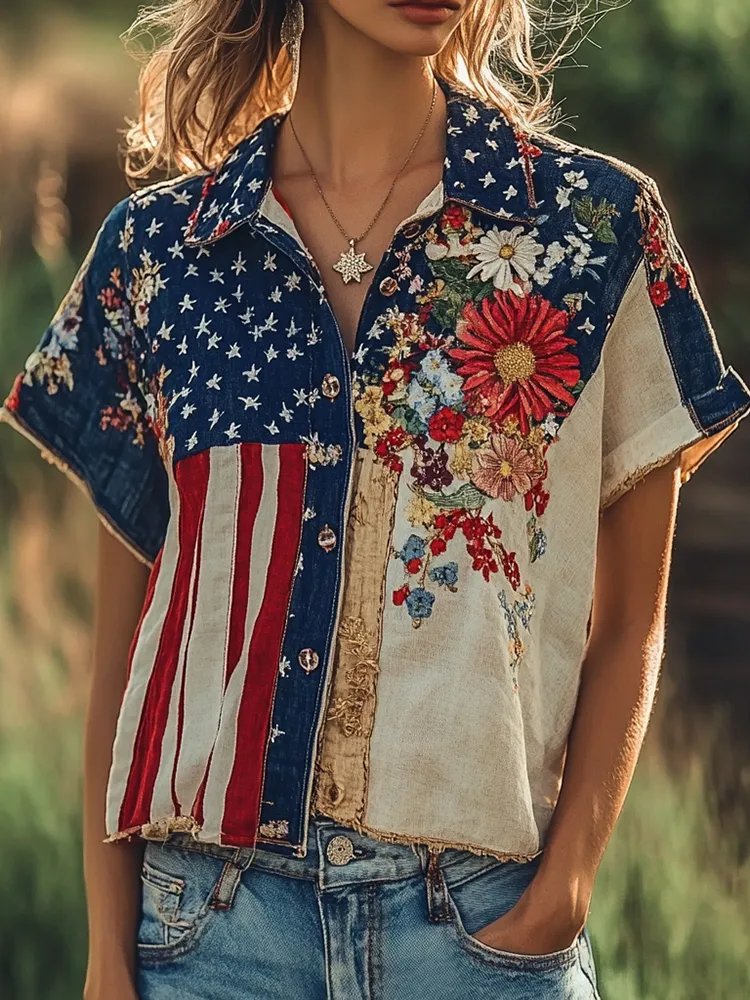 Women's Flag Floral Print Lapel Shirt