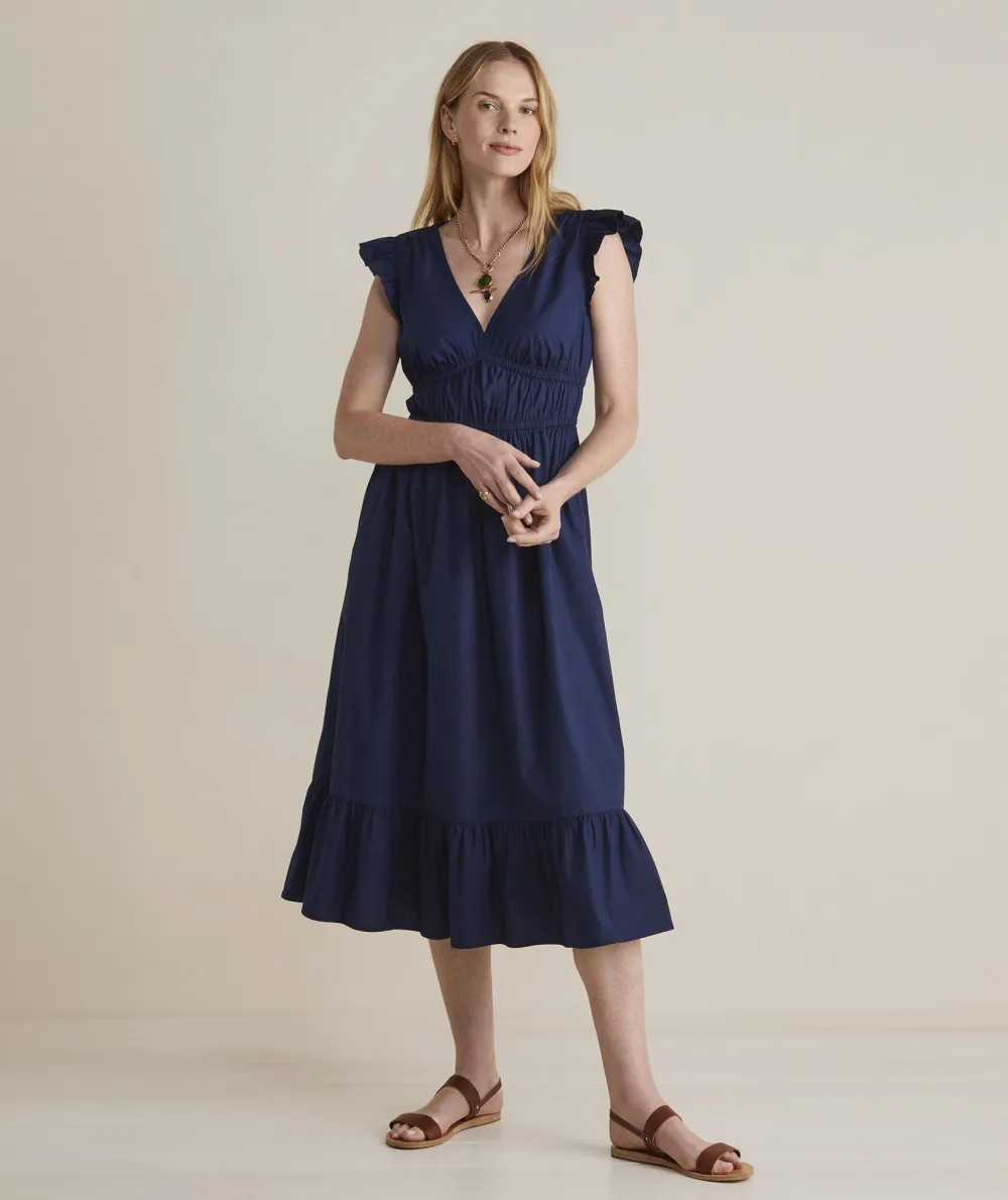 Poplin Flutter-Sleeve Midi Dress