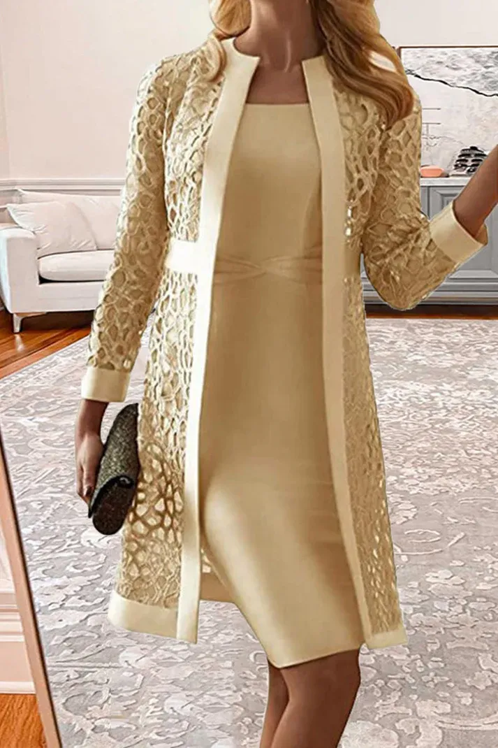 Spring Wedding Guest Dress Women's Solid Color Casual Lace Cardigan Dress Two Piece Sets