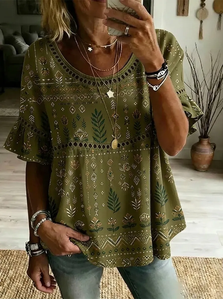 Women's Nashville Boho Floral Geometric Printed Ruffle Sleeve Top