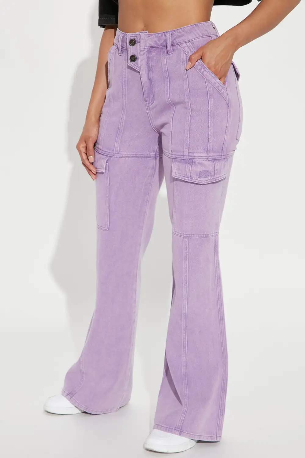 Feel The Pressure Non Stretch Cargo Flare Jean - Purple