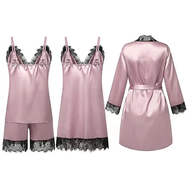 Women's Lace Satin Silk Pajamas Sets 4 Pcs Home Party Daily St.Patrick's Day Elastic Waist Pure Color Satin Simple Casual Soft Strap Top Shorts Fall Winter Spring Strap Short Sleeves Long Sleeve