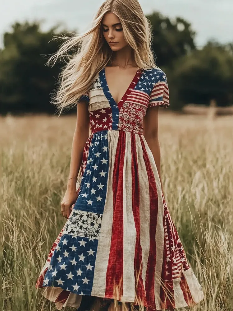 Women's Vintage Independence Day Print Linen Blend Midi Dress