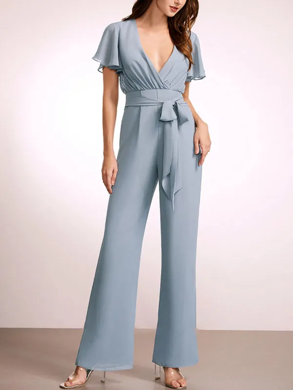 Jumpsuit/Pantsuit V-Neck Floor-Length Chiffon Bridesmaid Dress With Ruffle