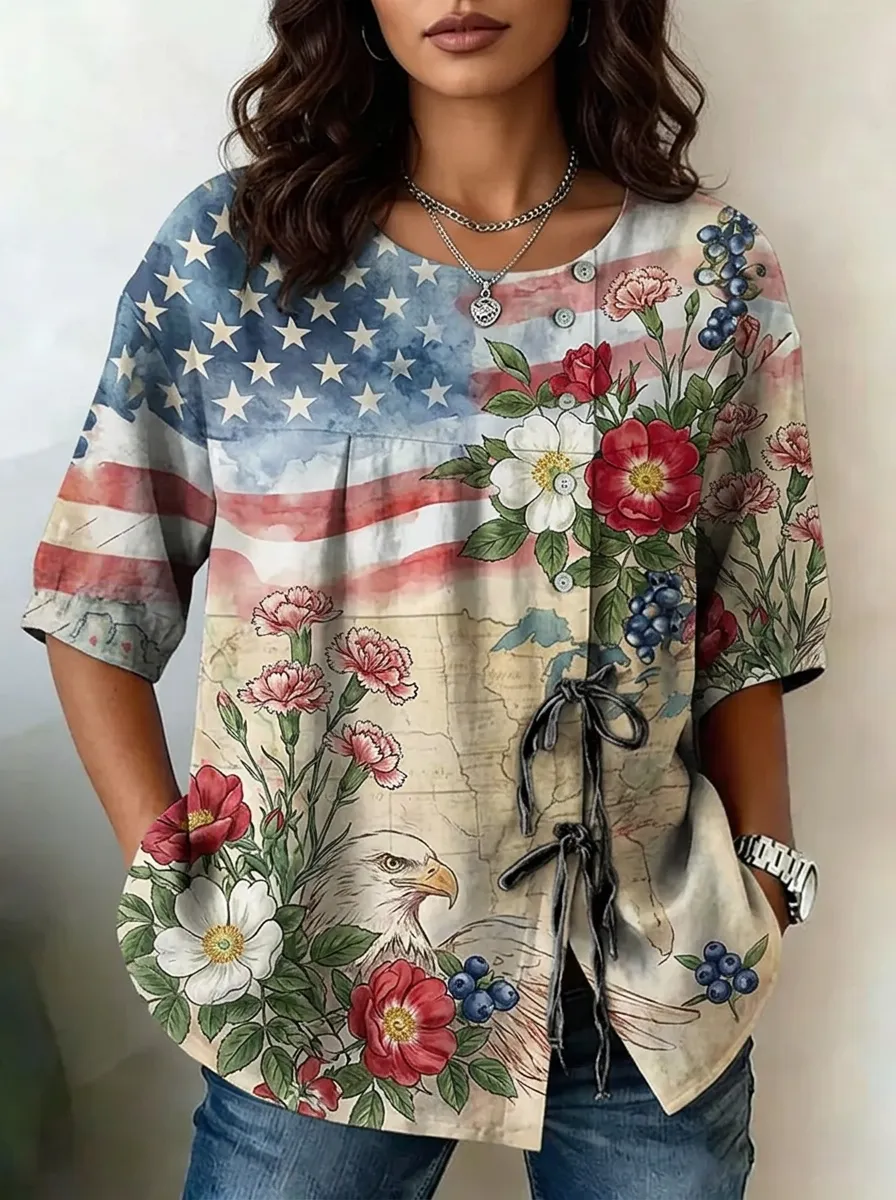 Women's Nashville USA Flag Eagle Floral Printed Top