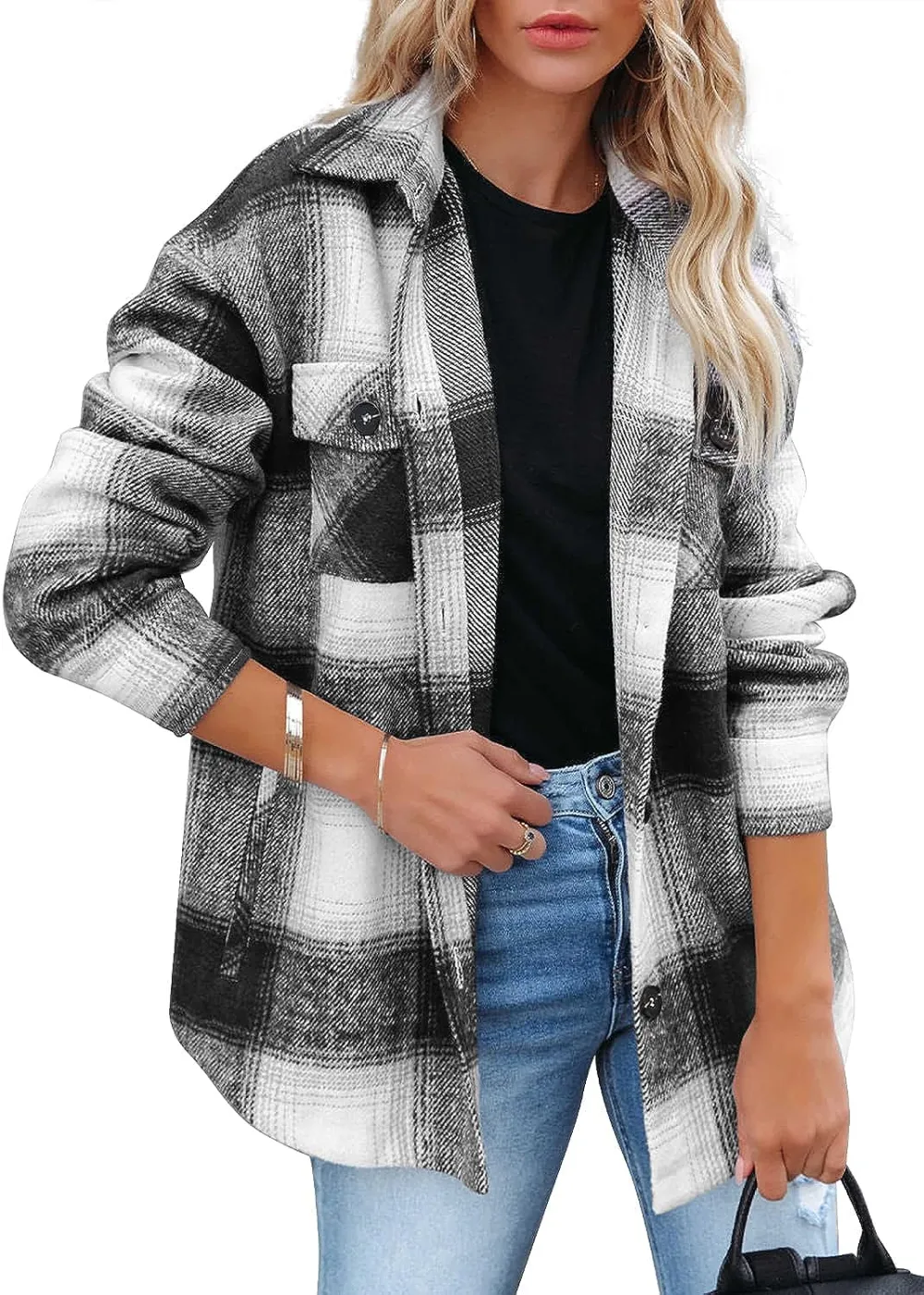 Women's Flannel Plaid Shacket Long Sleeve Button Down Chest Pocketed Shirts Jacket Coats