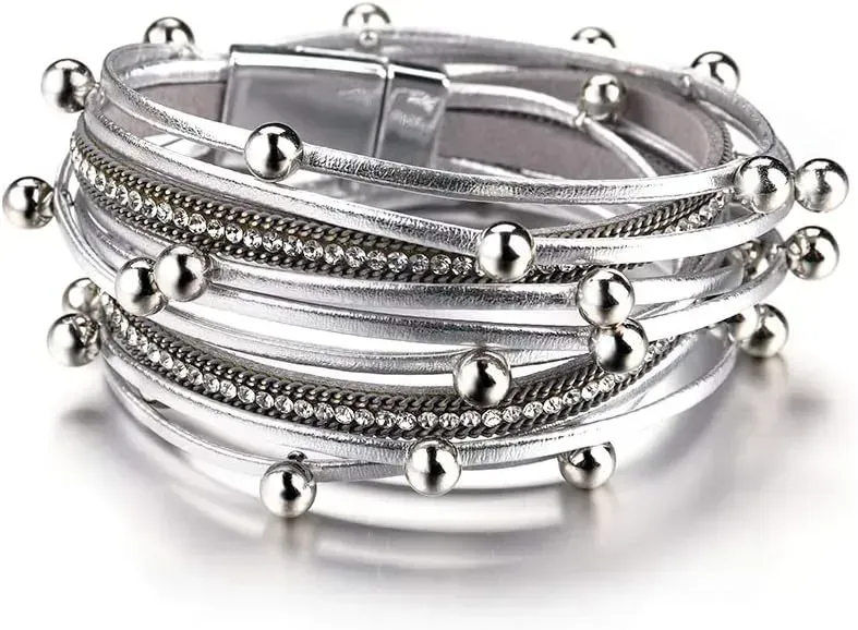 Fesciory Leather Wrap Bracelets for Women, Boho Leopard Multi-Layer Crystal Beads Cuff Bracelet Jewelry