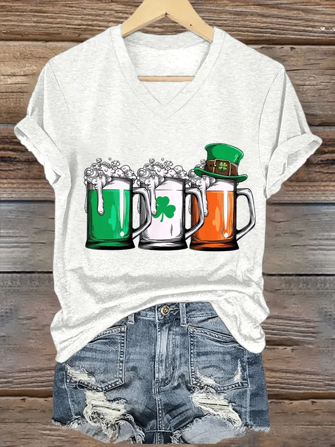 Women's St. Patrick's Day Beer Mug Print V-Neck Short Sleeve T-Shirt