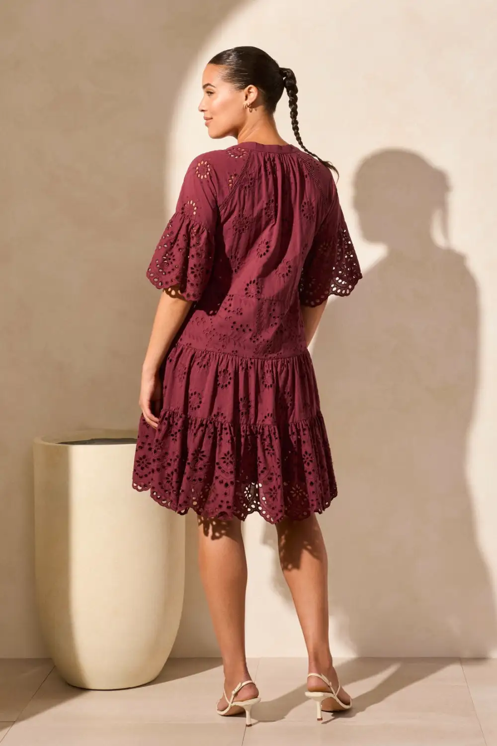 Cotton Eyelet Ruffle Short Sleeve Tiered Dress-Maroon