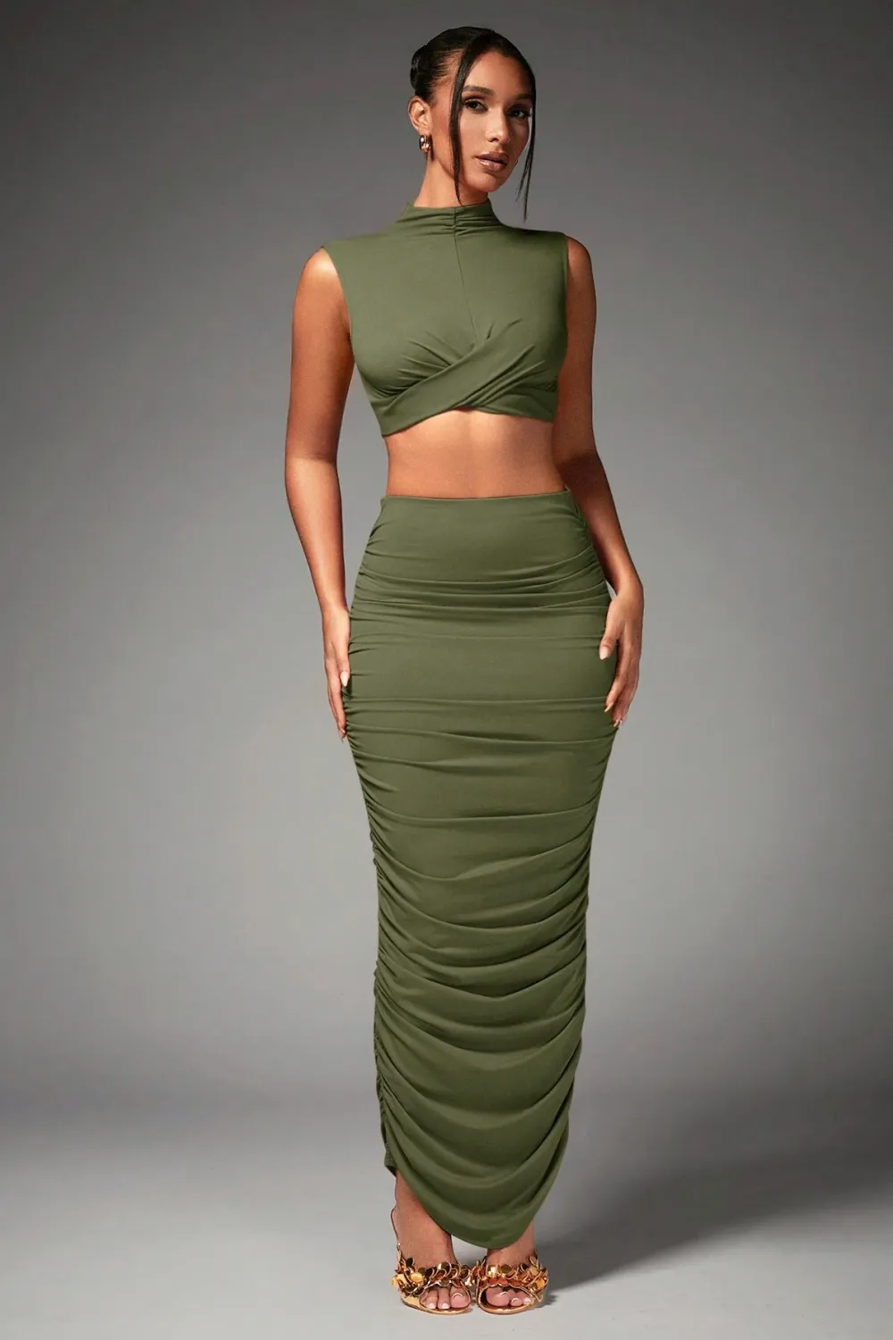 BAE Women's Mock Neck Pleated Crop Top And Skirt Set