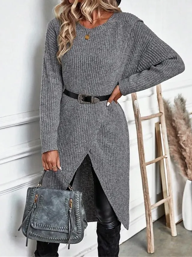 Women's Sweater Dress Jumper Dress Casual Dress Midi Dress Warm Plain Outdoor Daily Going out Crew Neck Long Sleeve 2023 Regular Fit Black Green khaki S M L XL XXL 3XL