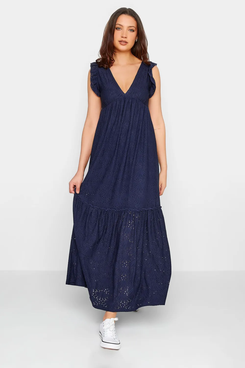 LTS Tall Navy Blue Broderie Anglaise Frill Maxi Dress