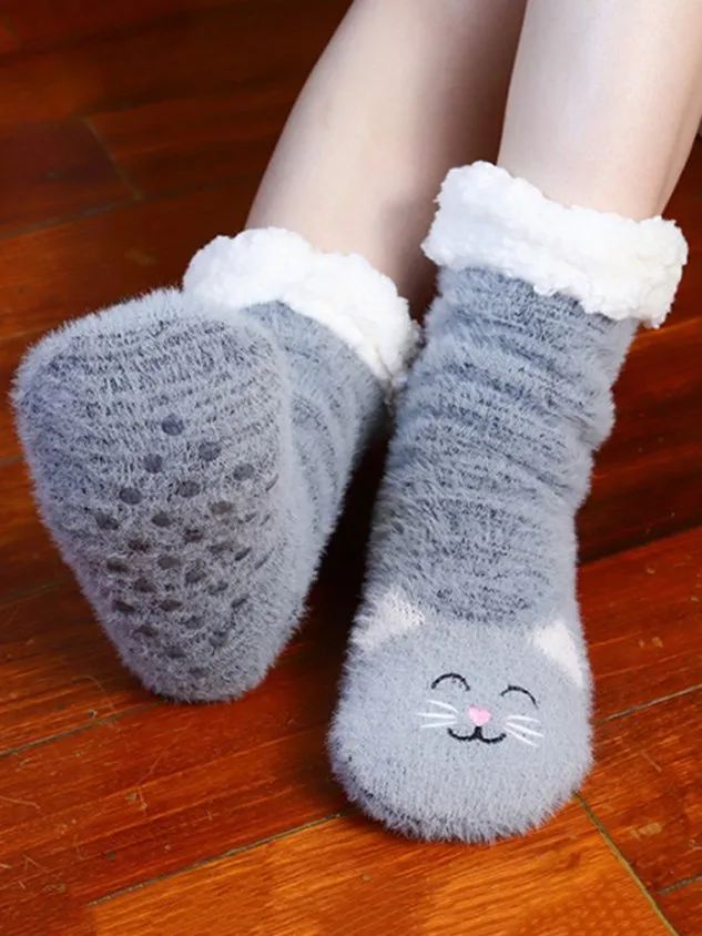 1pair Women Cartoon Cat Warmth Non-Slip Floor Socks