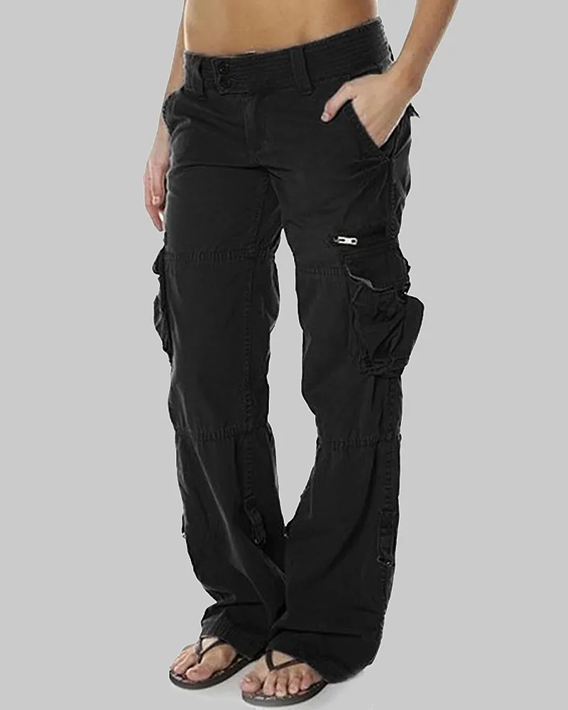 Flap Pocket Zip Detail Straight Leg Cargo Pants