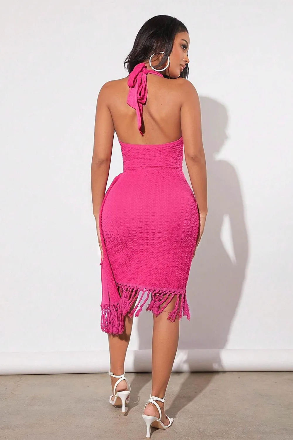 Draped Side Fringe Trim Halter Neck Backless Bodycon Dress