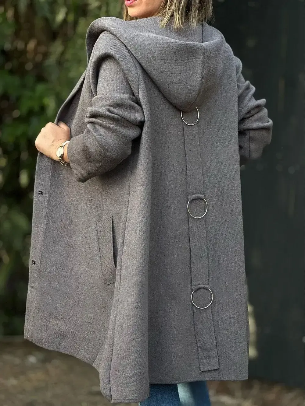 Women's Solid Color Woolen Fabric Hooded Cape Jacket