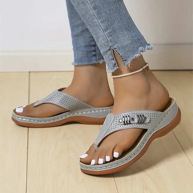 Women's Flip-Flops Flip-Flops Wedge Heel Open Toe Casual PU Leather Loafer Black Blue Brown