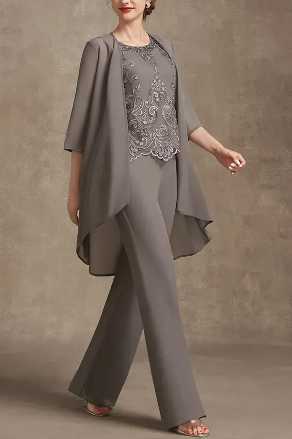 Plus Size Embroidery Chiffon Three Pieces Set Pant Suits