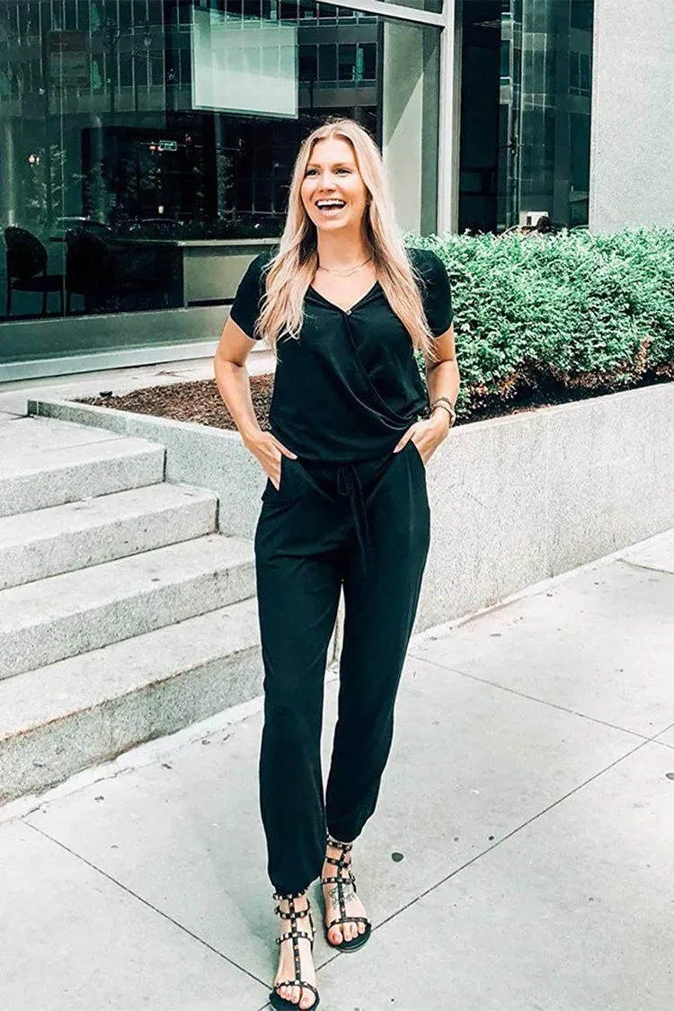 Deep V Neck Wrap Drawstring Waist Jumpsuit