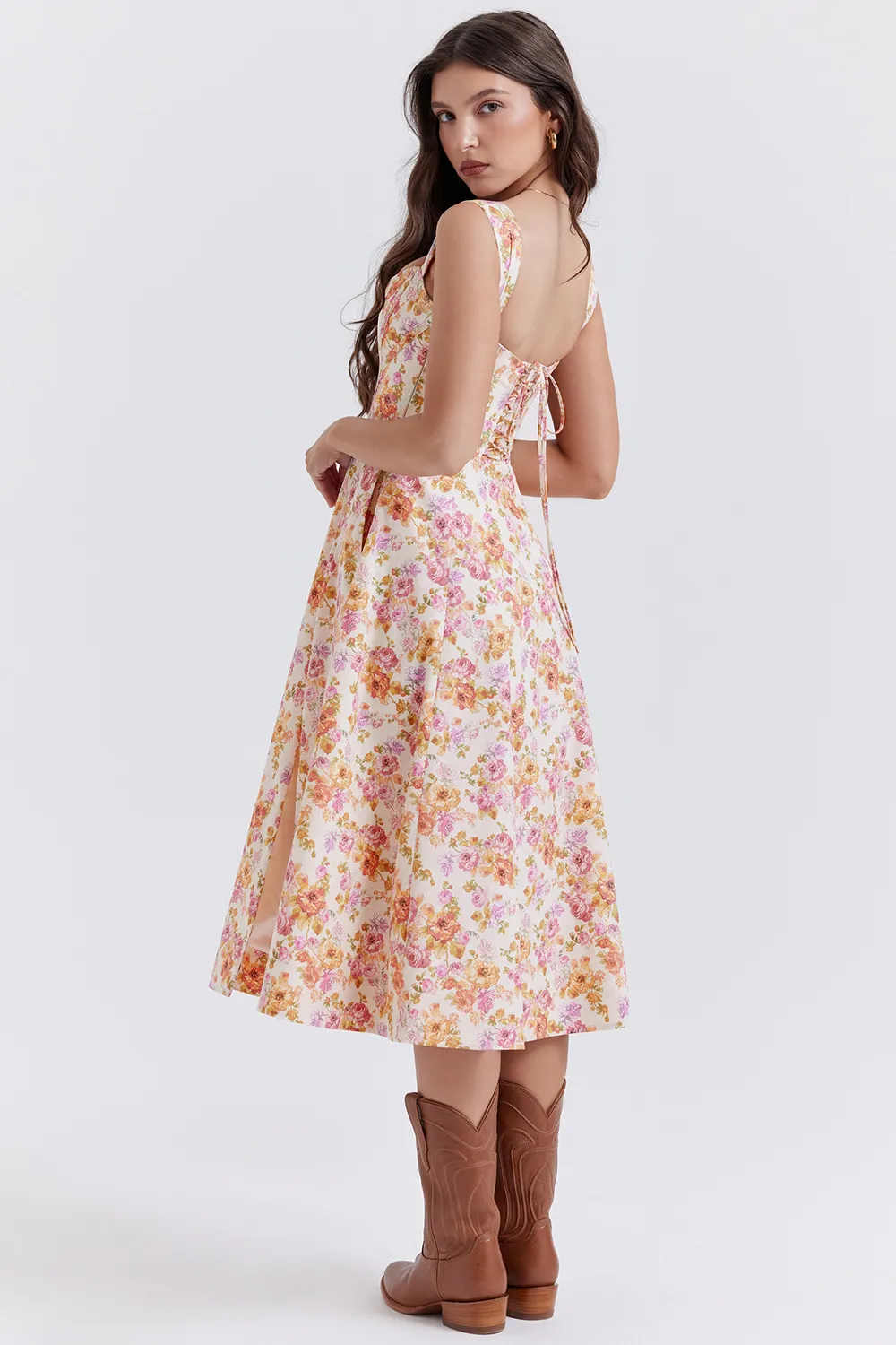 FLORAL LACE-UP CORSET A-LINE SUN DRESS