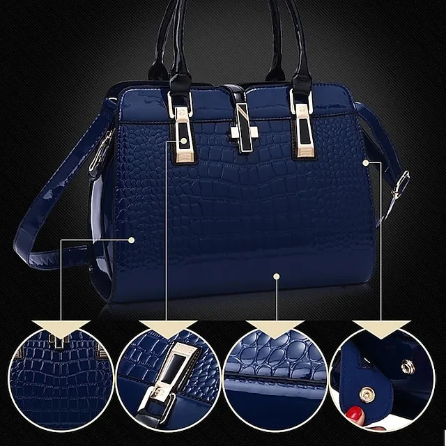 Women's Handbag Satchel Top Handle Bag Patent Leather PU Leather Office Office & Career Solid Color Crocodile Wine Black Blue