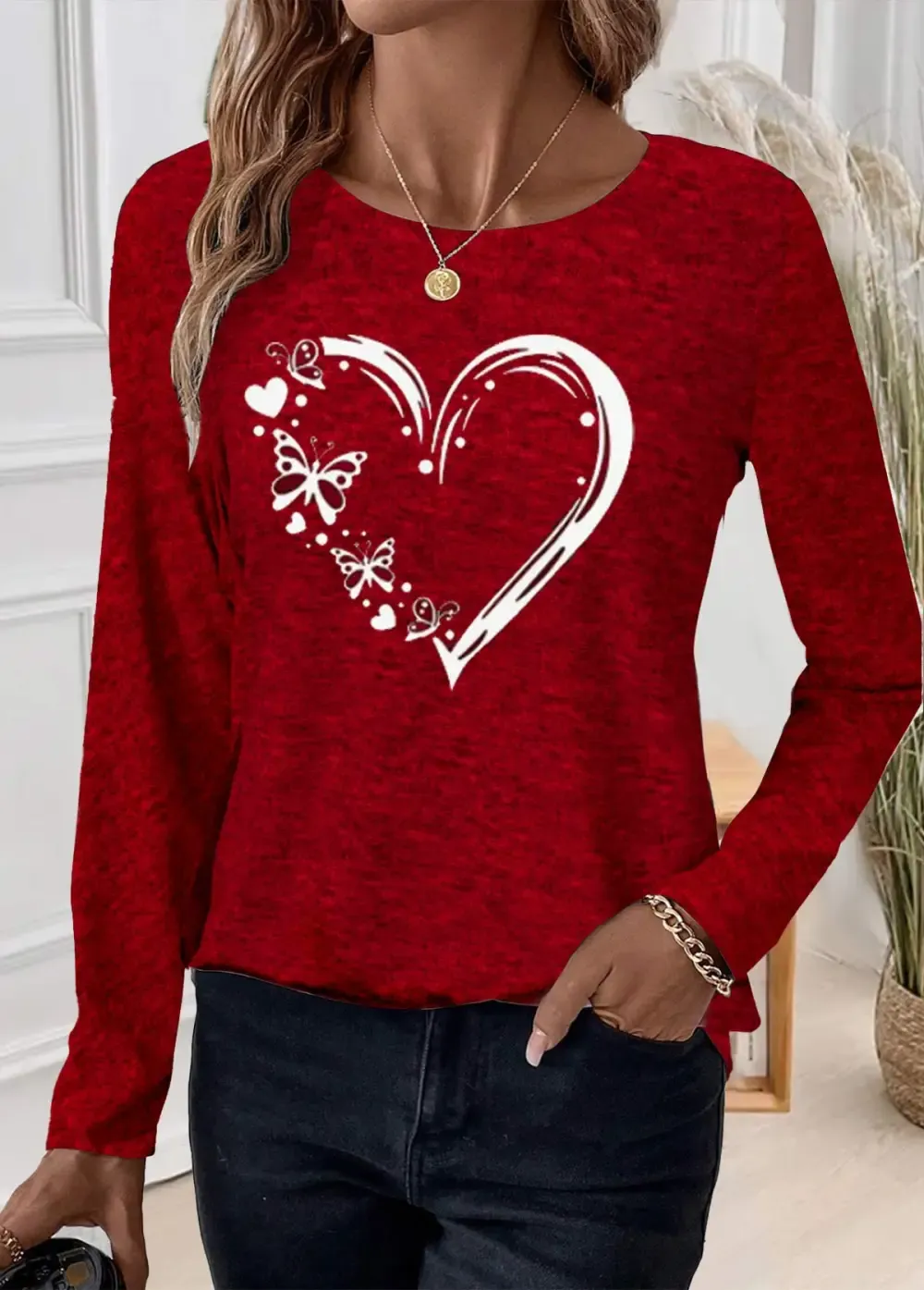Red Patchwork Heart Print Long Sleeve T Shirt