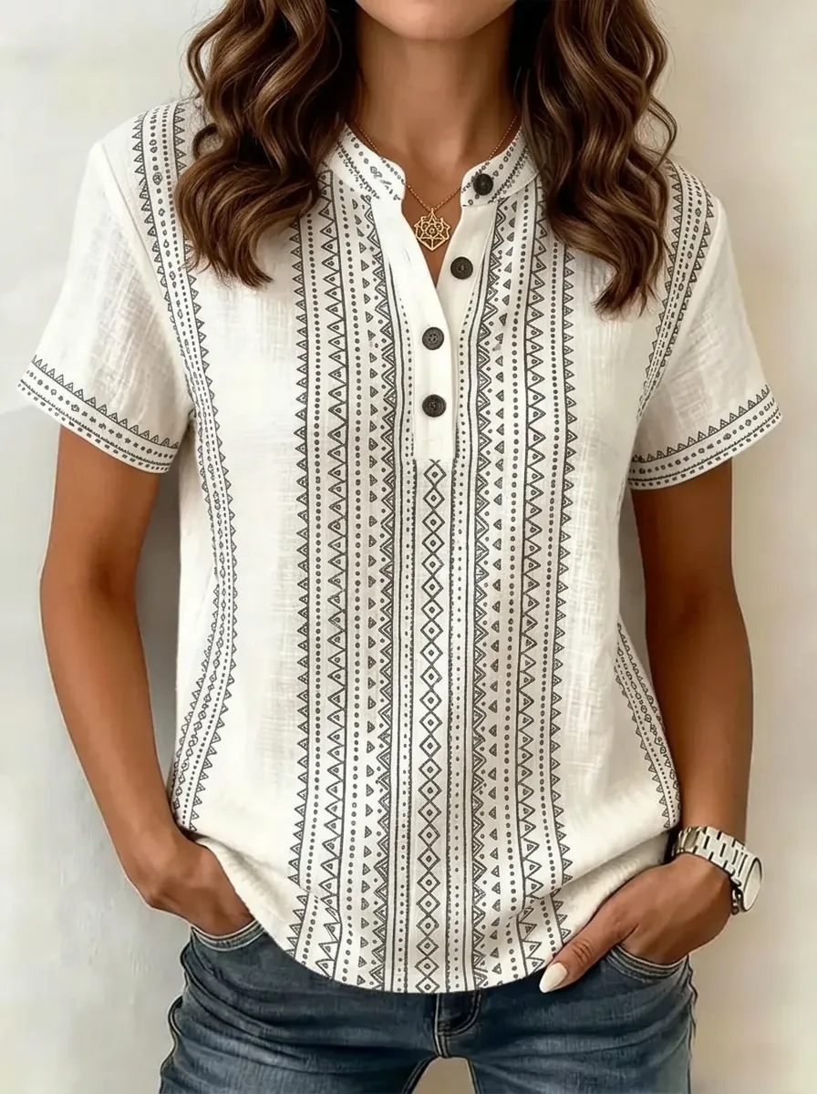 Women's Nashville Geometric Tribal Printed Henley Shirt