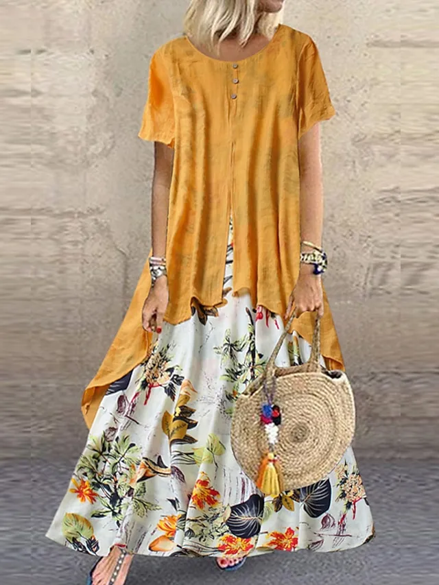 Women's Casual Dress Linen Dress Swing Dress Long Dress Maxi Dress Green Short Sleeve Floral Patchwork Summer Spring Crew Neck Fashion 2023 5XL