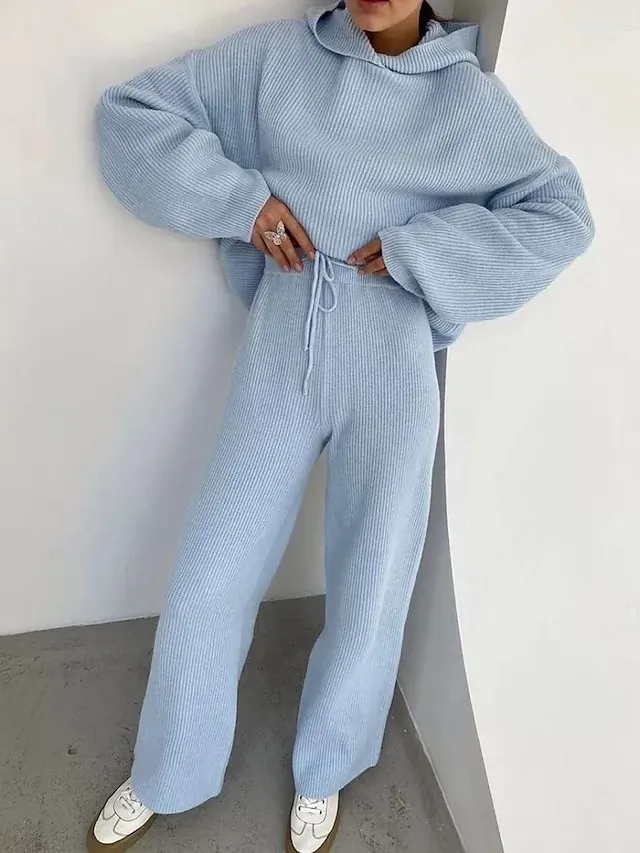 Women's Fashion Streetwear Daily Hoodie Sweatpants Long Sleeve Crew Neck Plain Drawstring Casual Daily Black White Blue Fall Regular Fit