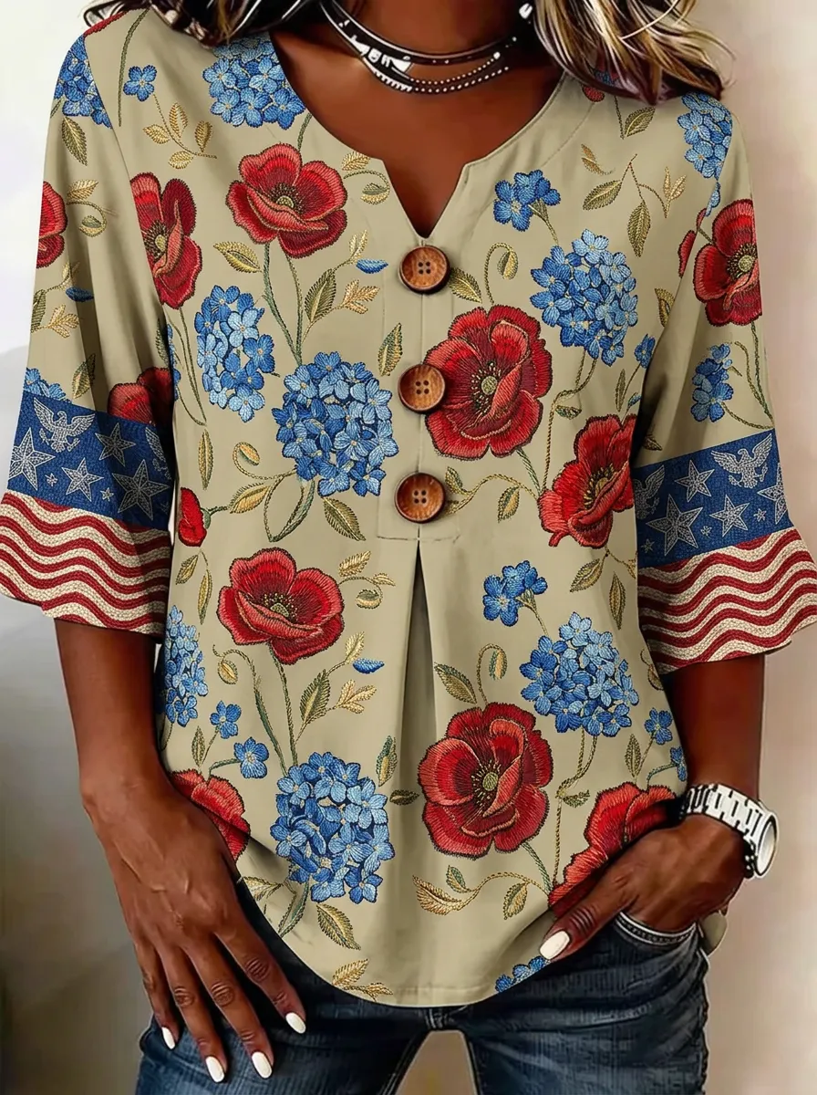 Women's Nashville Patriotic Floral Flag Printed V-Neck Top