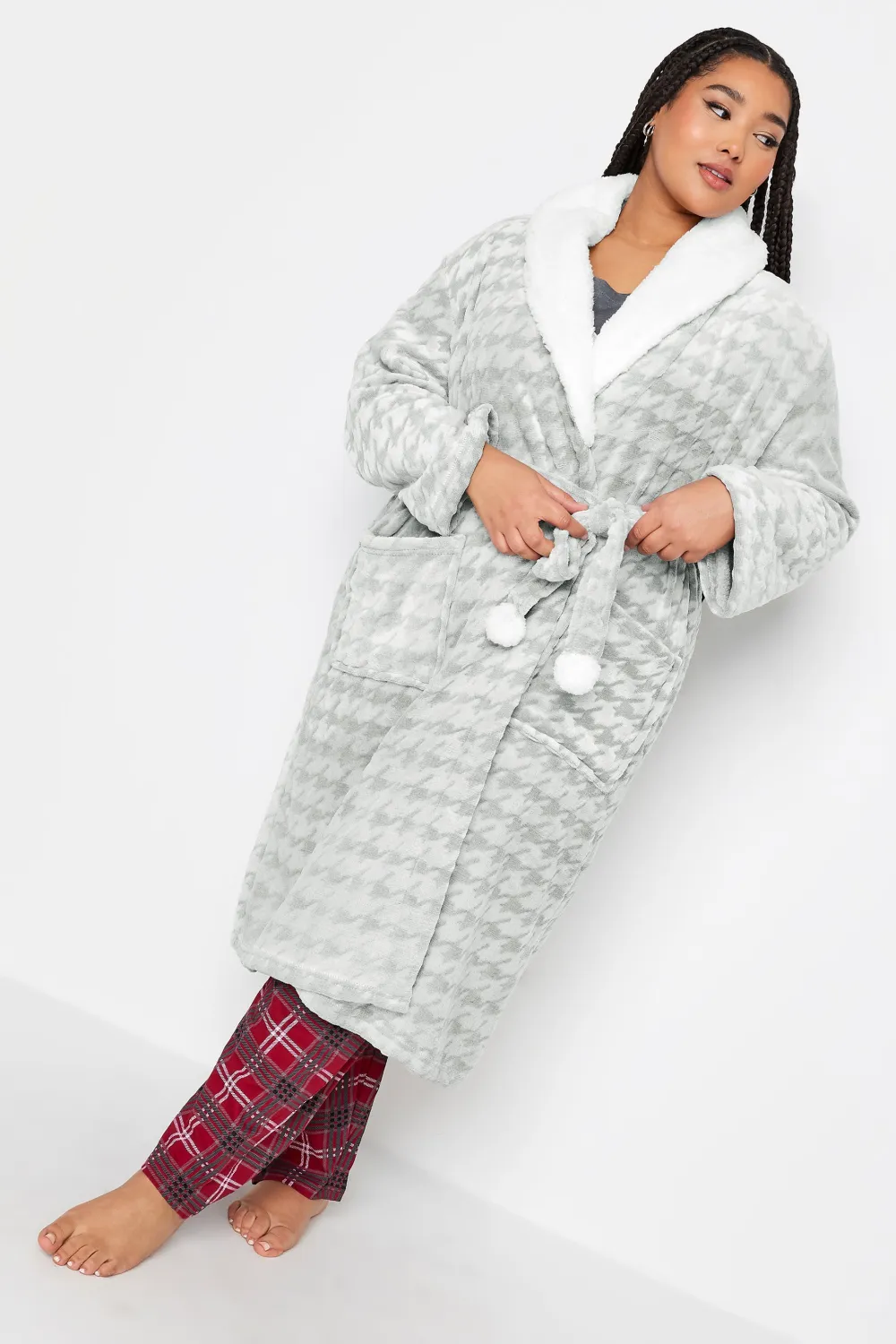 YOURS Curve Grey Dogtooth Maxi Dressing Gown