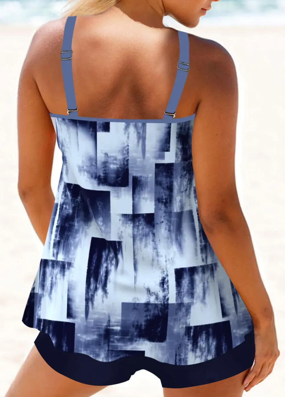 Metal Ring Leaf Print Coral Red Tankini Top
