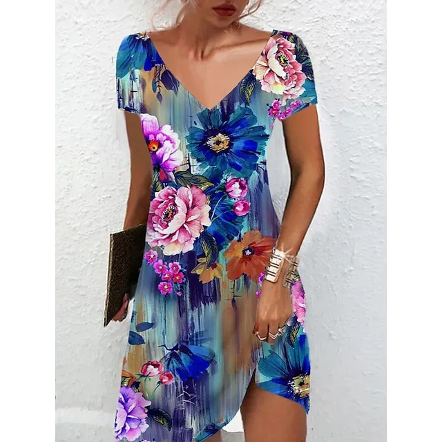 Women's Casual Dress Summer Dress Print Dress Floral Print V Neck Mini Dress Active Fashion Outdoor Daily Short Sleeve Regular Fit Black And White Olive Green Colourful Summer Spring S M L XL XXL
