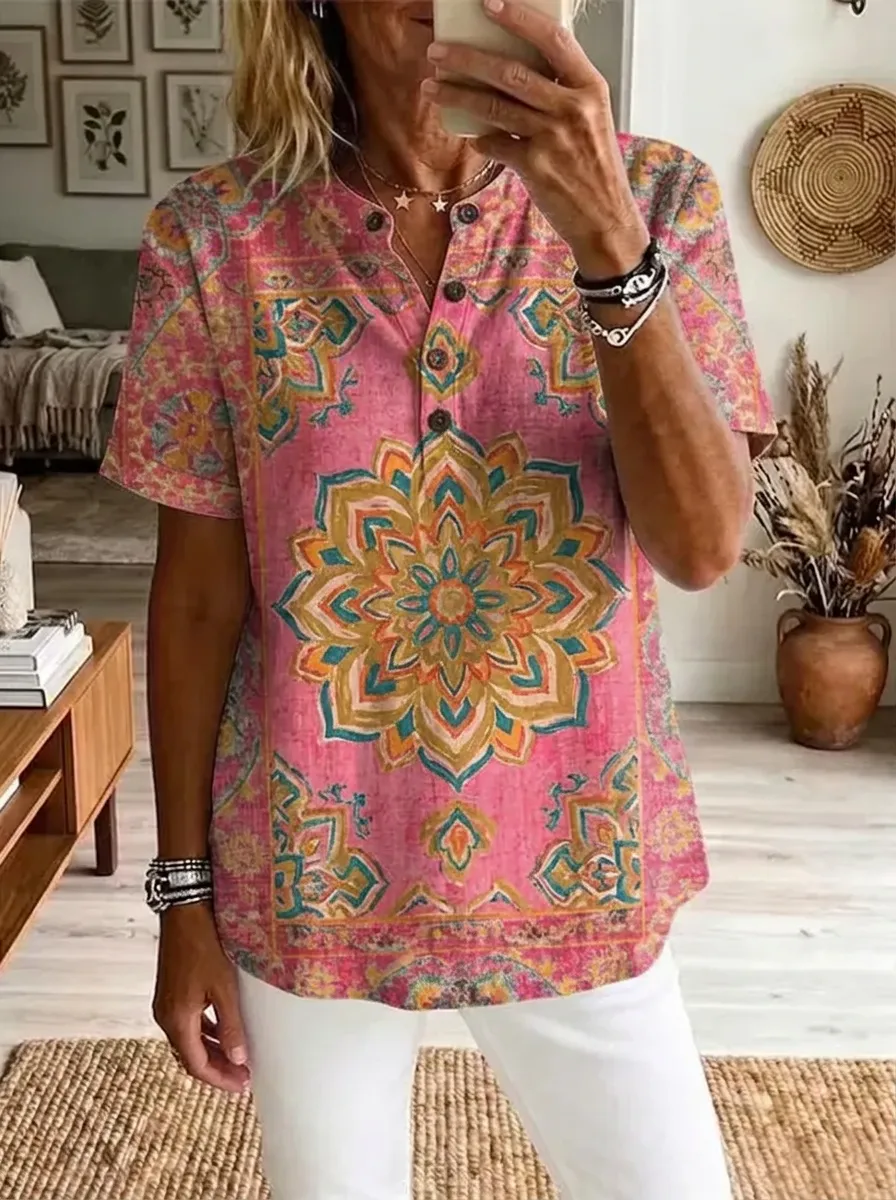 Women's Nashville Bohemian Mandala Printed Henley Shirt