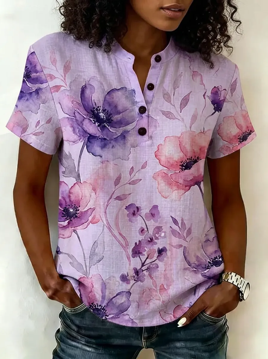 Women's Nashville Floral Watercolor Printed Henley Shirt