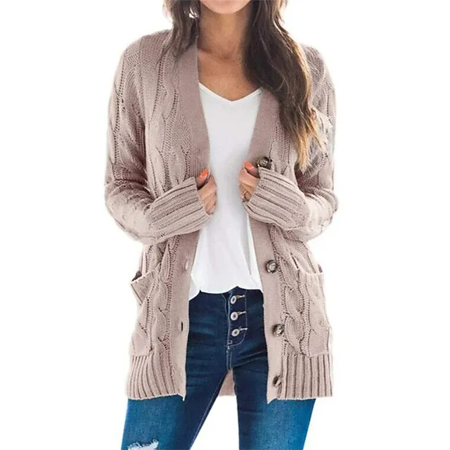 Women's Cardigan Pocket Knitted Button Solid Color Casual Chunky Long Sleeves