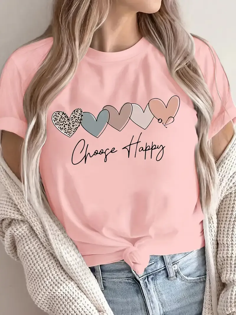 Plus Size Heart & Letter Print T-Shirt, Casual Short Sleeve Top For Spring & Summer, Women's Plus Size Clothing