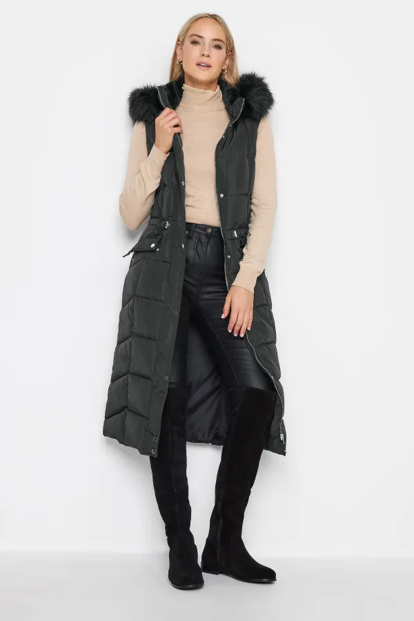 LTS Tall Black Faux Fur Trim Hooded Midi Gilet