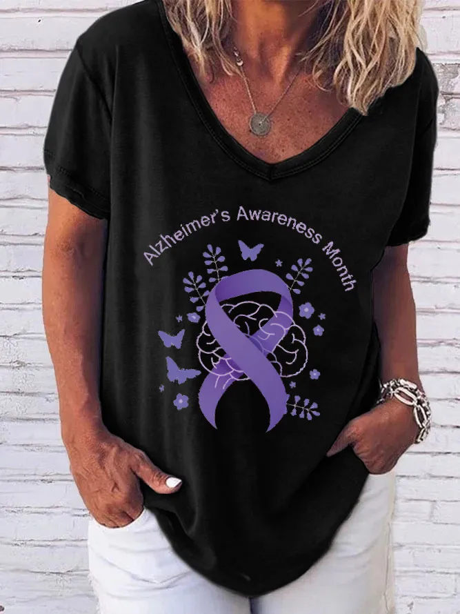 Women'S V-Neck Short-Sleeved T-Shirt Alzheimer'S Awareness Month Prints
