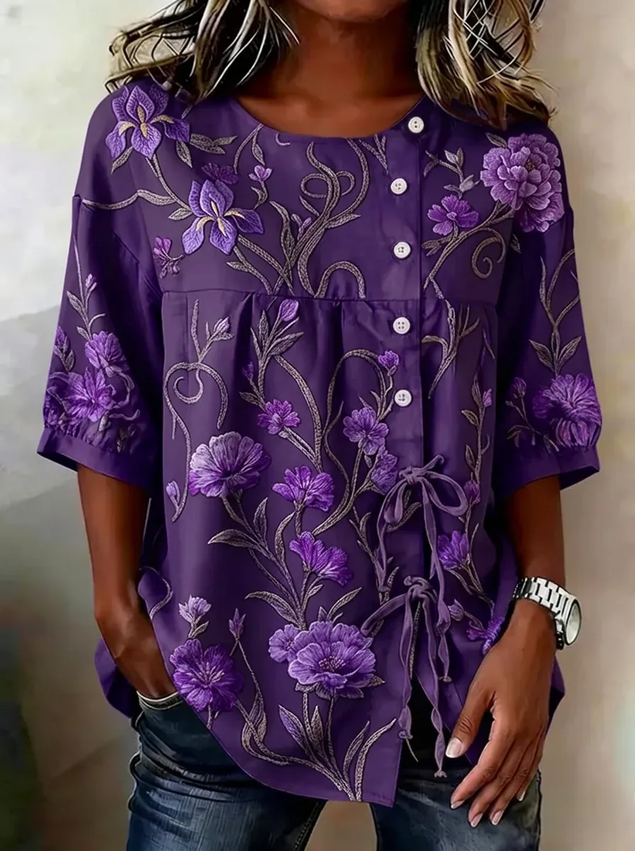 Women's Nashville Floral Embroidery Printed Button-Down Top