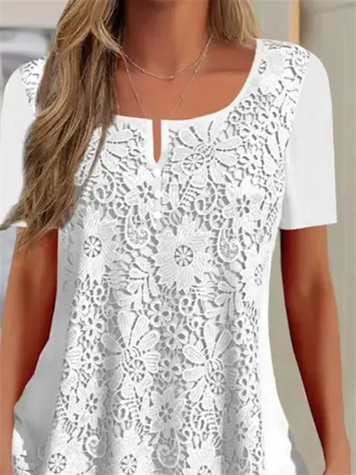 Women Short Sleeve U-neck Lace Floral Printed Tops