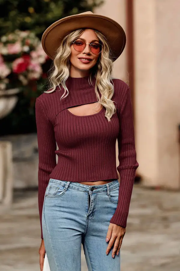 Two Piece Cutout Mock Neck Rib Knit Fitted Pullover Sweater