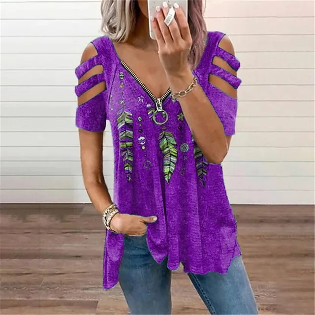 Women Tops T-Shirt Hollow-Out Shoulder Short Sleeve Casual Blouse Shirts explosive Feather Print V-Neck Zipper Shirt