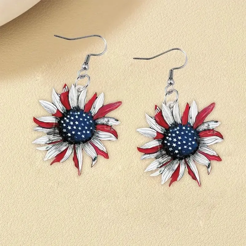 American Independence Day Sunflower Flower Art Earrings