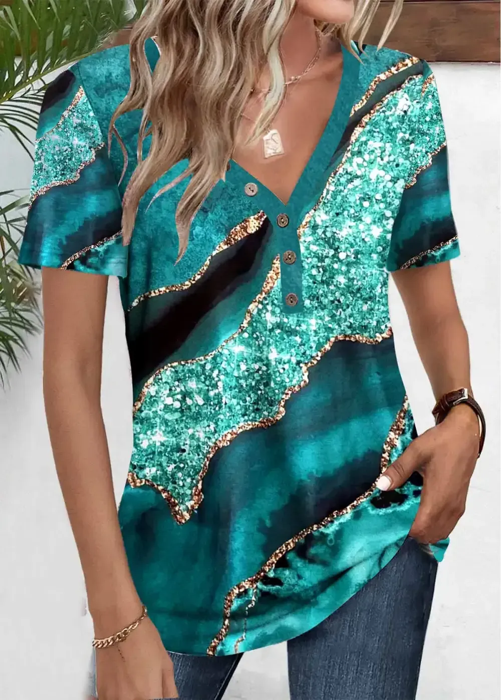 Turquoise Button Marble Print Short Sleeve T Shirt