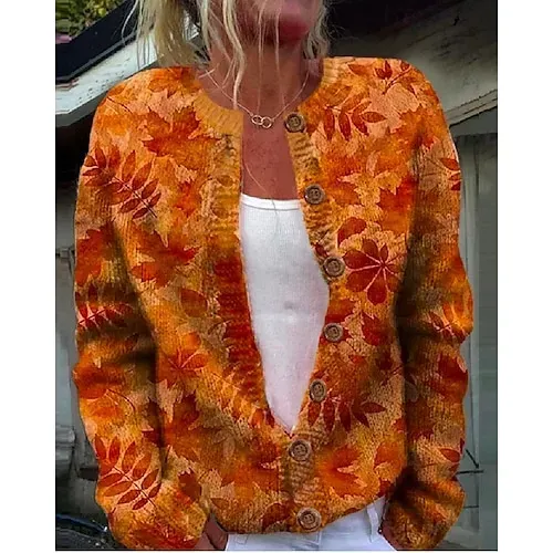 Women's Sweater Daily Graphic Crew Neck Print Long Sleeve Regular Tops Knit Weekend Beige Fall Winter