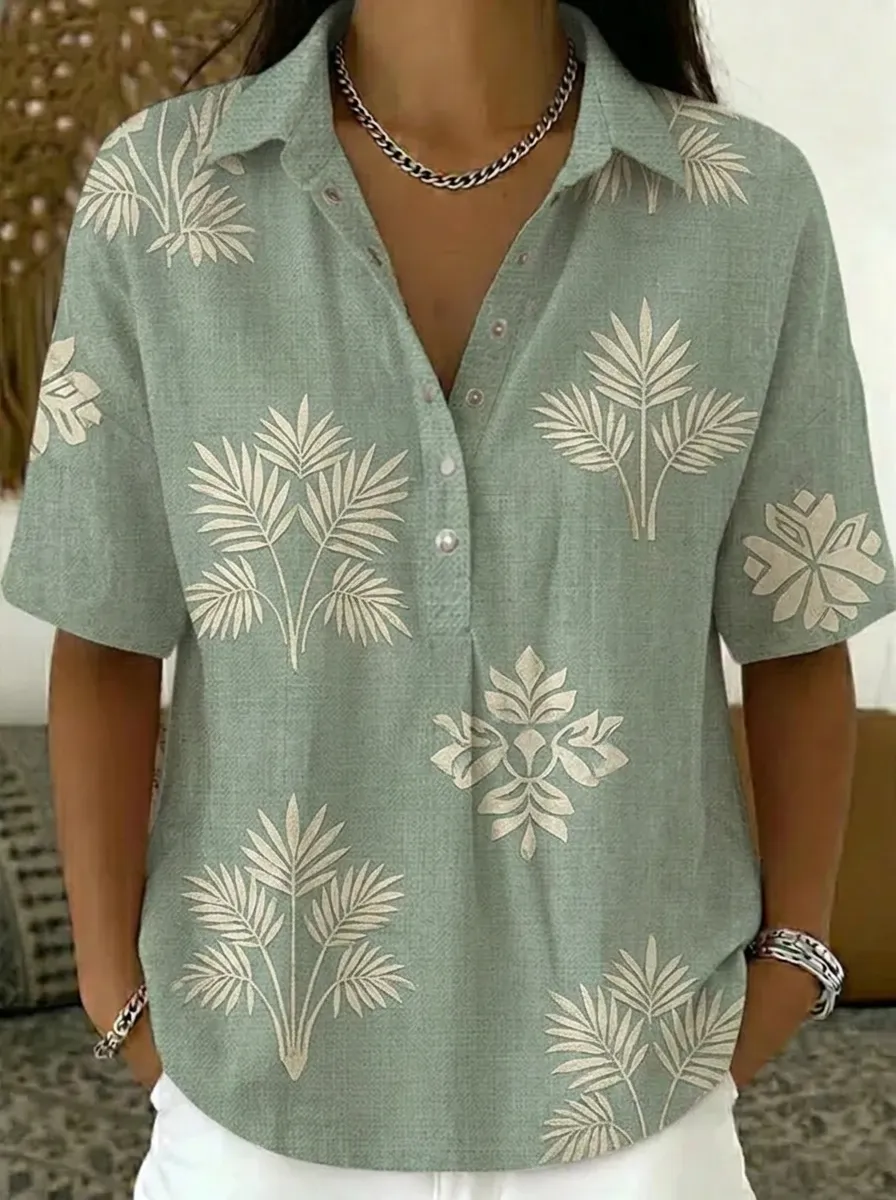 Women's Nashville Tropical Palm Leaf Printed V-Neck Polo Shirt